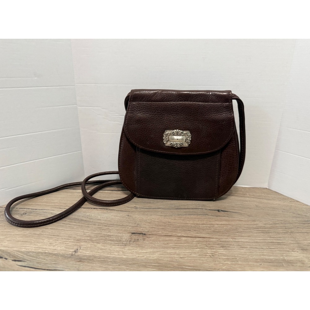 Fossil Vintage Brown Pebbled Leather Crossbody Organizer Bag Silver Buckle
